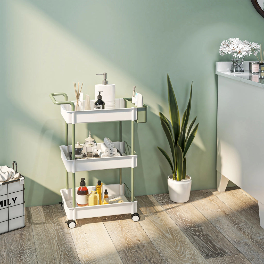 Carrello 3 Ripiani con Cesto Appendibile ¨C zephmum ¨C Bianco Metallo 50x30x77 cm
