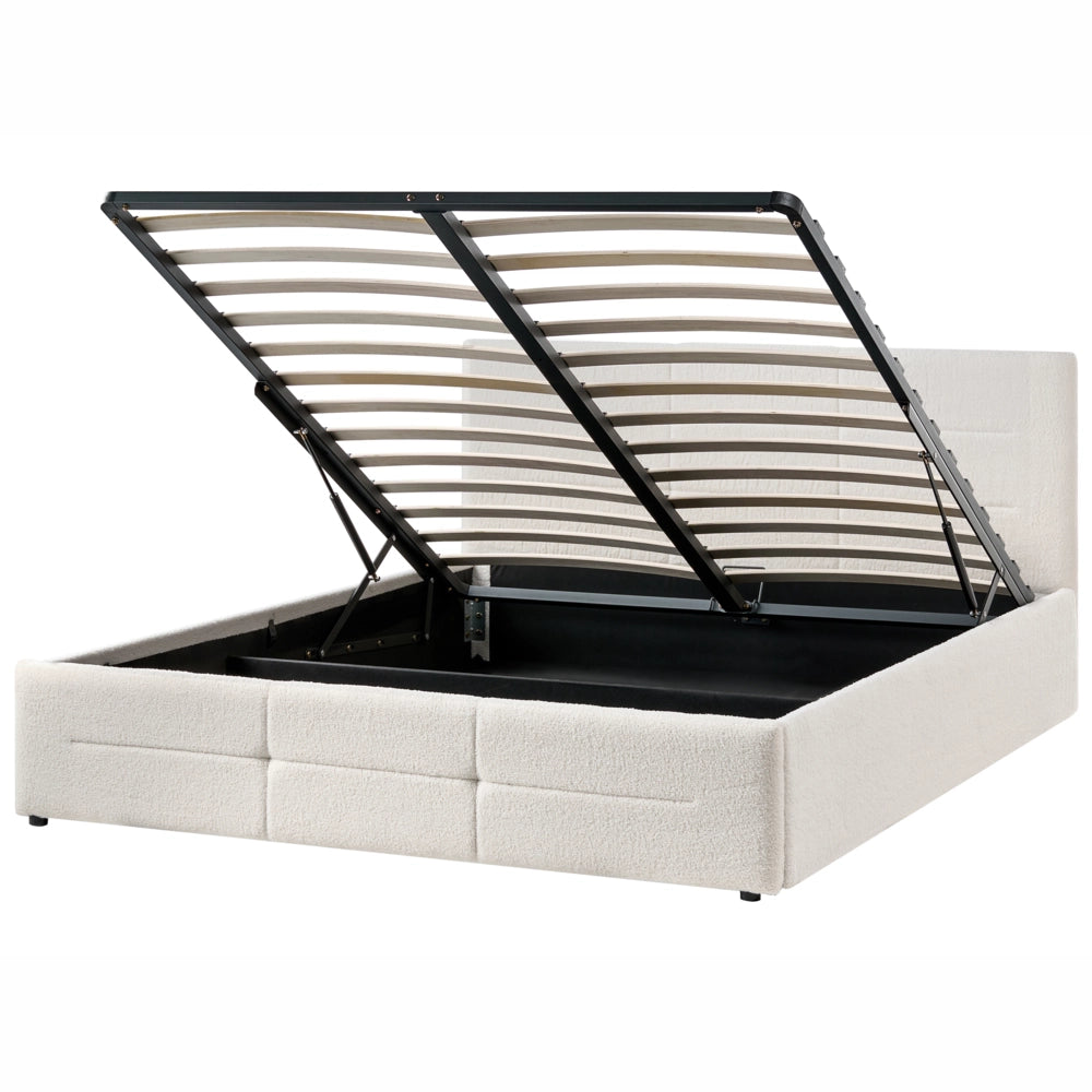 Letto ottomano bianco sporco bouclé 160x200 cm con testiera sollevabile e base a doghe Design moderno