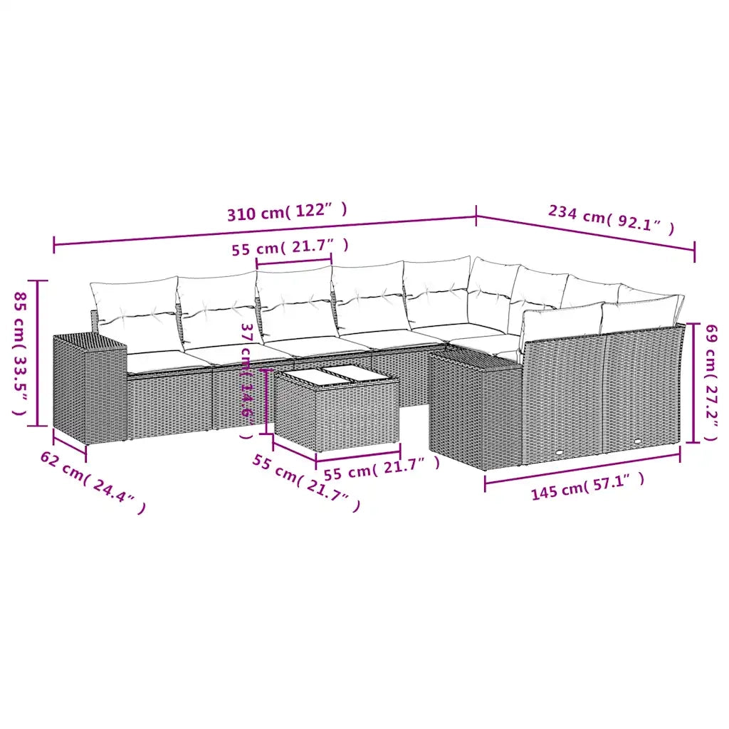 Set Divani da Giardino 10pz con Cuscini in Polyrattan Marrone
