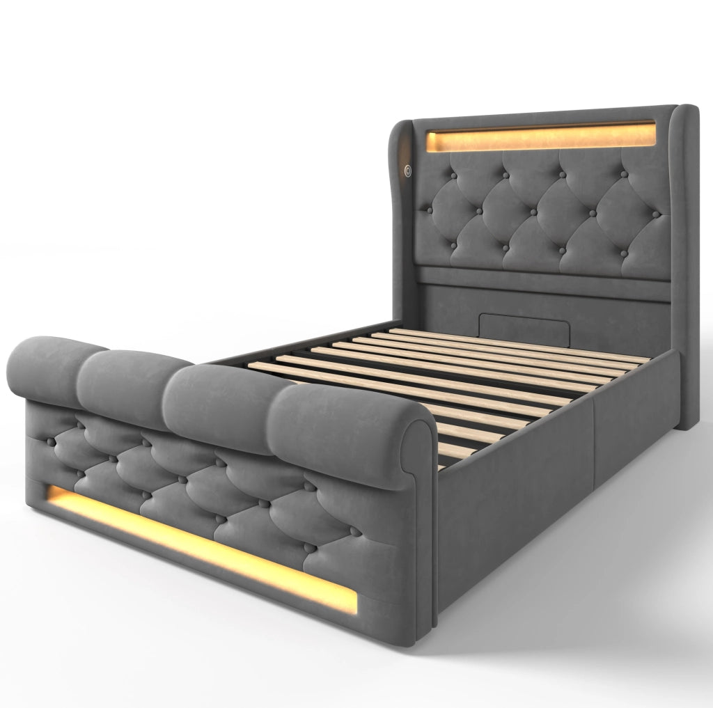 Letto imbottito con LED, USB e USB-C, contenitore idraulico, 90x200 cm, grigio