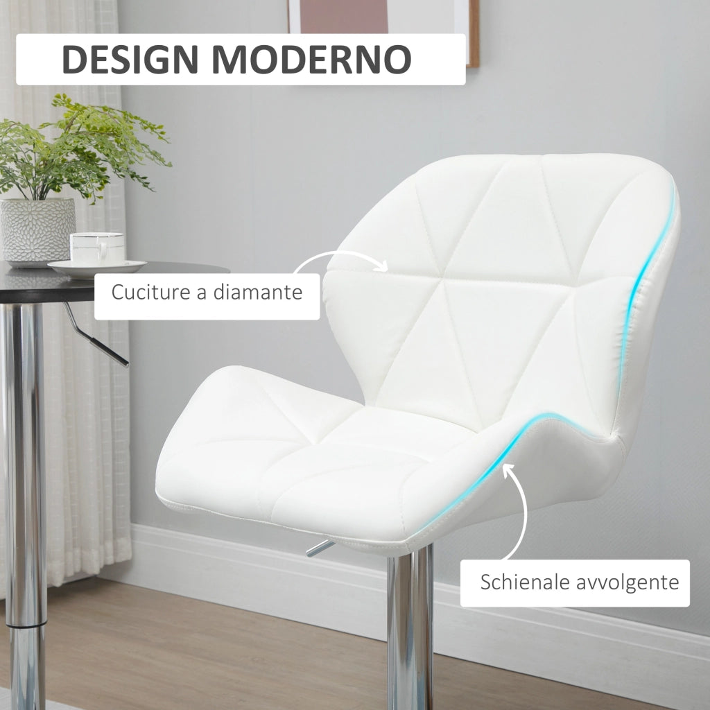 Set 2 Sgabelli da Bar con Altezza Regolabile, Base in Metallo e Seduta in Pelle PU, Sgabelli Cucina con Schienale e Poggiapiedi, 51.5x57.5x93-114.5cm, Bianco