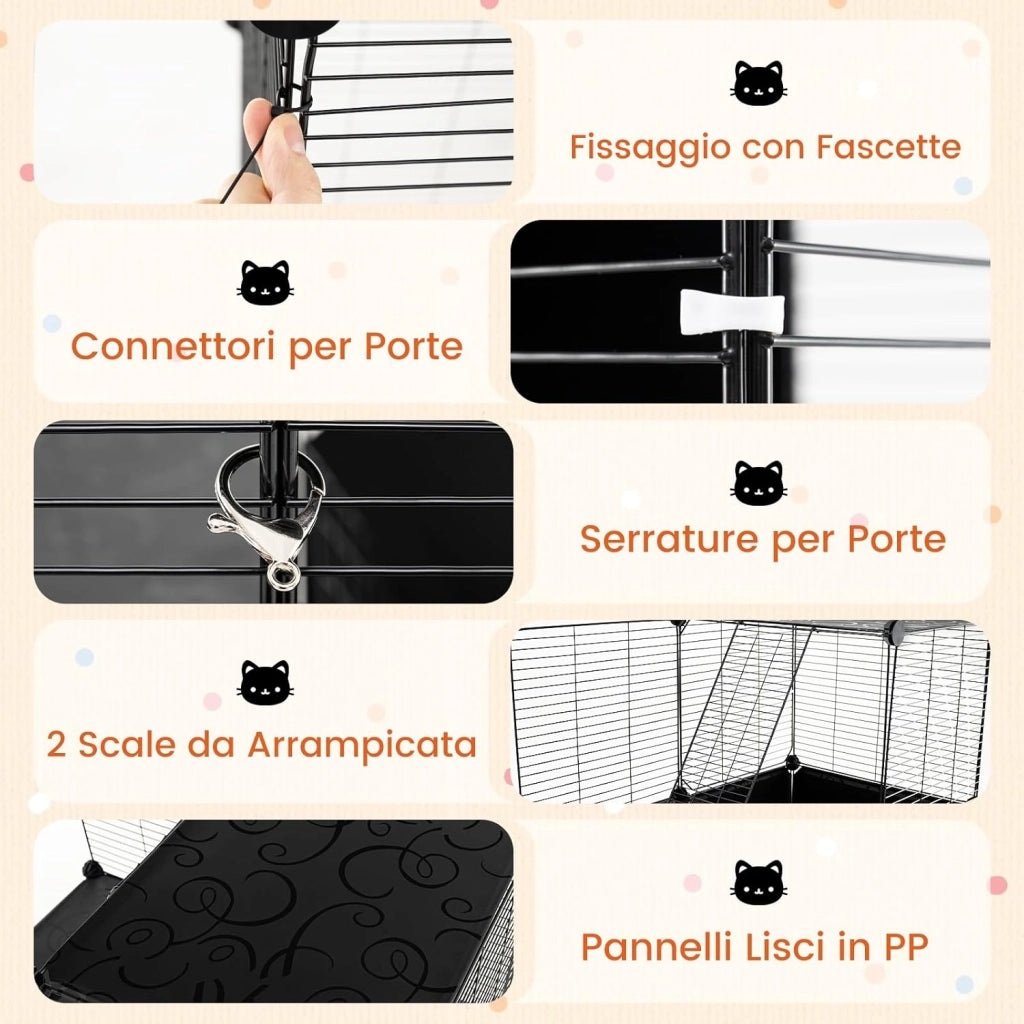 Gabbia Grande per Gatti, Recinzione da Interno per Gattini in Filo Metallico a 3 Livelli, Recinto per Esterno Smontabile con 2 Rampe, per Furetti, Conigli, Porcellini d'India