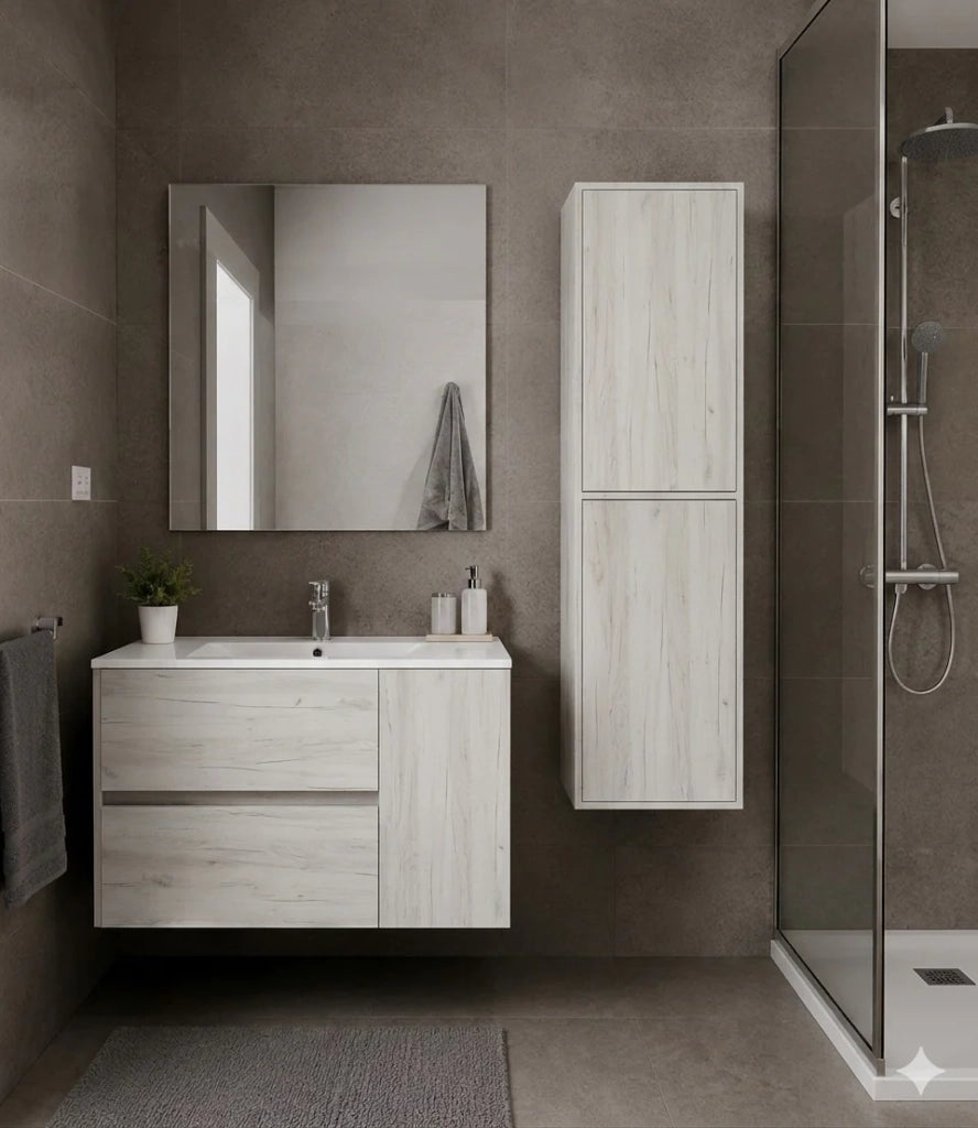 Mobile Bagno HEIMDALL Già Montato 2 cassetti e porta, lavabo e specchio Bianco nordico 100x40 cm con colonna