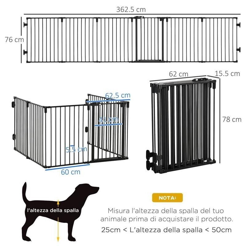 CANCELLETTO DI SICUREZZA PIEGHEVOLE 6 SEZIONI, CANCELLINO BARRIERA PER CANI IN ACCIAIO - NERO