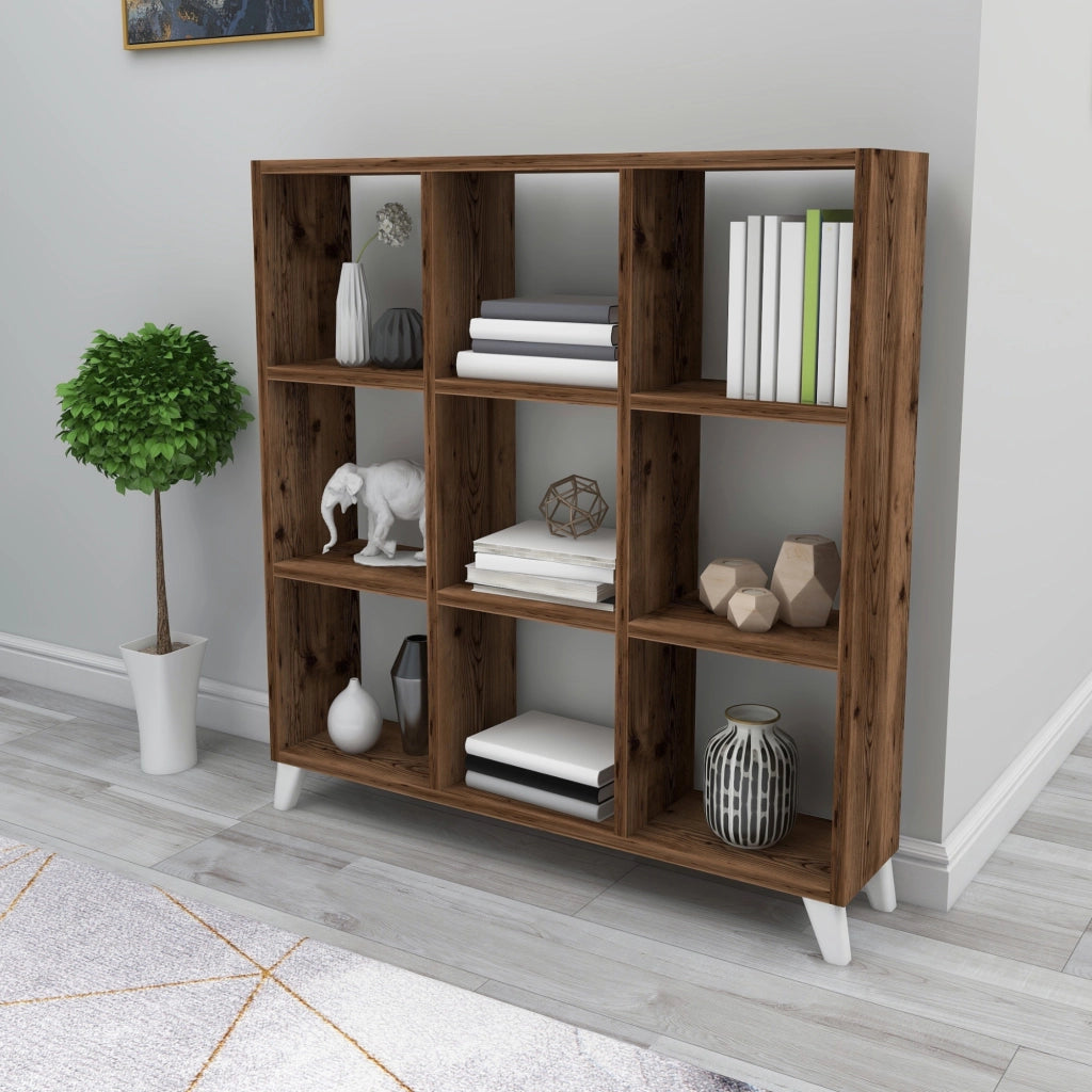 Libreria 'Svedala' Scaffale da Terra con 9 Scomparti Aperti a Forma di Cubo Mobile Espositore - Effetto Rovere Antico [en.casa]
