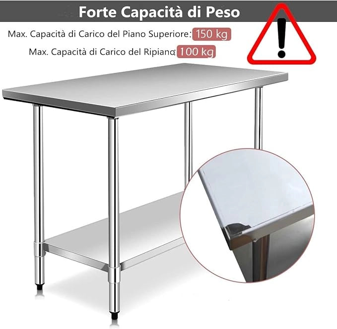 Tavolo da Lavoro in Acciaio Inox 122 x 61 x 90 Professionale, Bancone in Acciaio con Ripiano Regolabile, Mobile con Piano di Lavoro Preparazione di Alimenti, per Cucina e Ristorante