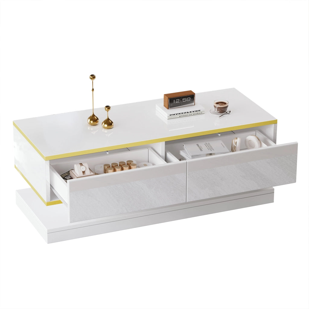 Tavolino da caffè con 2 cassetti - per soggiorno - in truciolato - 100x50x38 cm - bianco caldo e oro