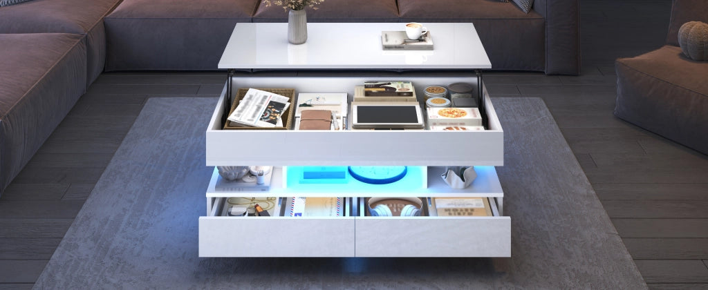 Tavolino basso sollevabile con LED, 2 cassetti e vani contenitore, per soggiorno, in truciolare, bianco 100 × 50 × 45 cm