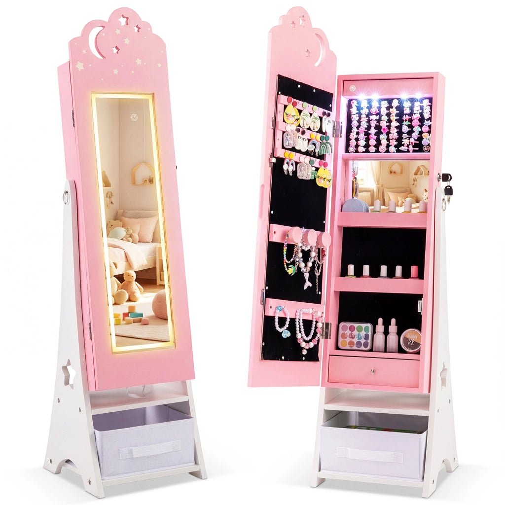 Mobiletto gioielli bambini luci specchio figura intera 4 sensore, Mobiletto portagioielli principessa terra camera sala giochi Rosa