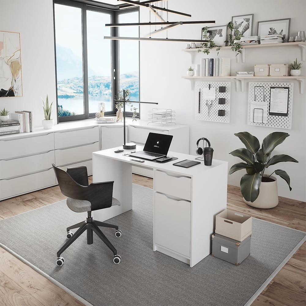 Scrivania Ruben, Bianco, 120 x 55 cm con cassetto, combinabile con altri mobili della serie Ruben