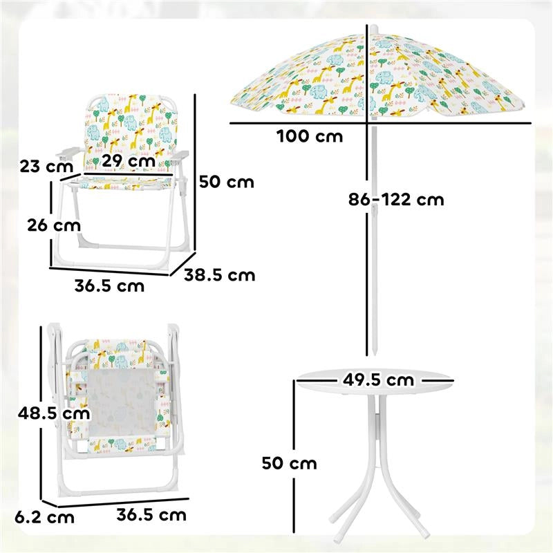 SET DA GIARDINO PER BAMBINI 2-5 ANNI CON TAVOLINO ROTONDO, 2 SEDIE PIEGHEVOLI E UN OMBRELLONE, BIANCO