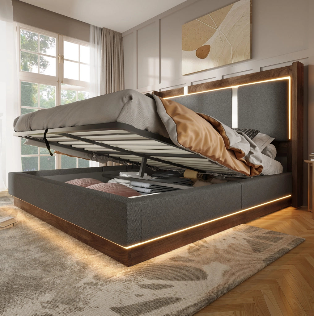 Letto matrimoniale 160x200 con LED, vano contenitore e testiera imbottita