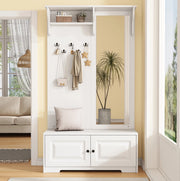 Mobile da ingresso 100x40x180 cm con specchio, 5 ganci e 2 armadietti in MDF bianco
