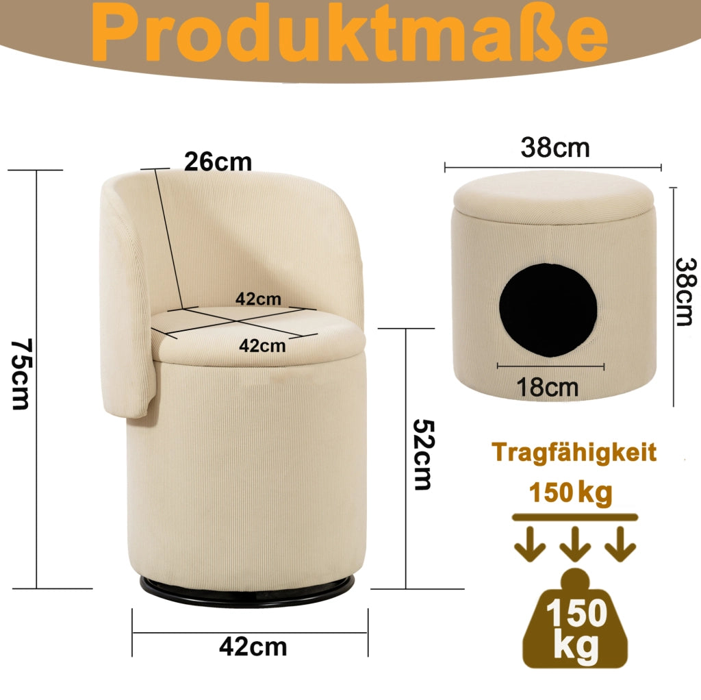 Sgabello imbottito girevole a 360° con contenitore integrato per camera da letto e sala da pranzo