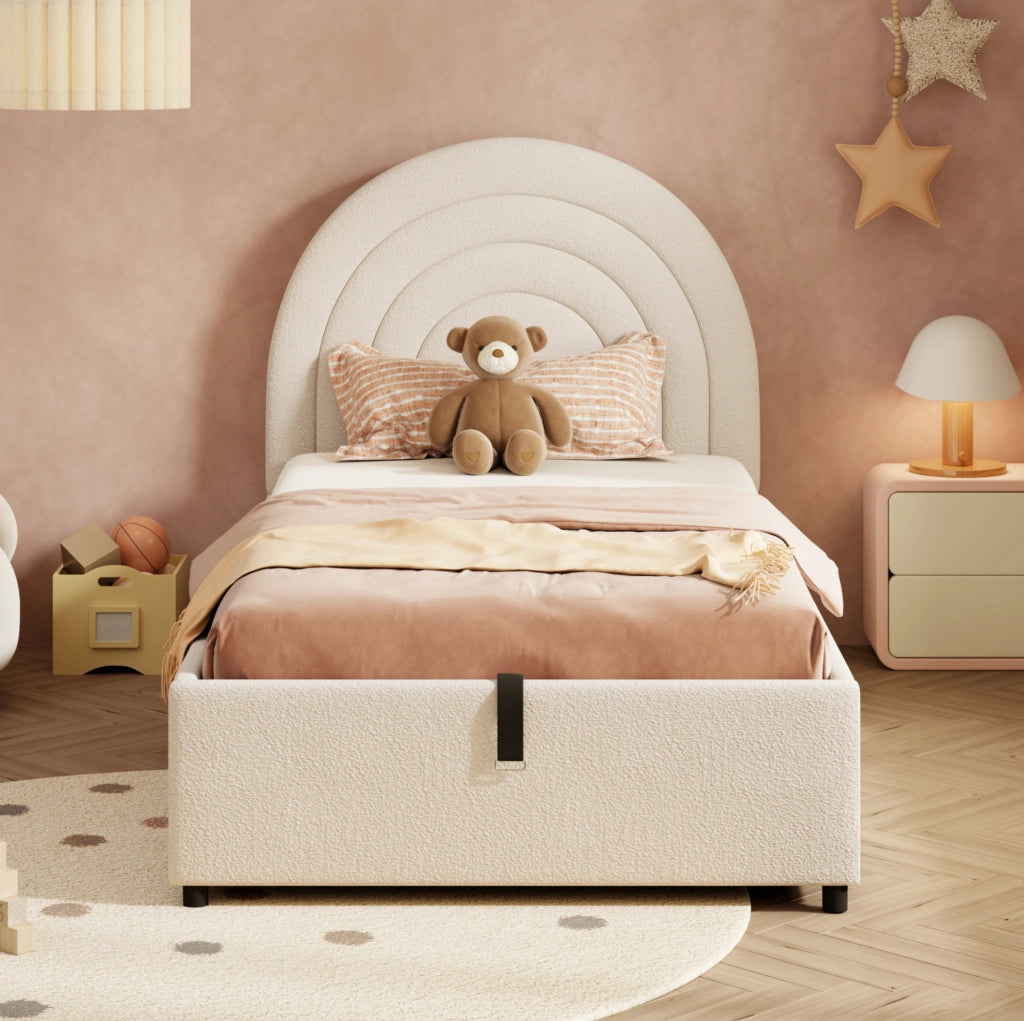 Letto singolo 90x200 cm con contenitore idraulico; tessuto bouclé beige