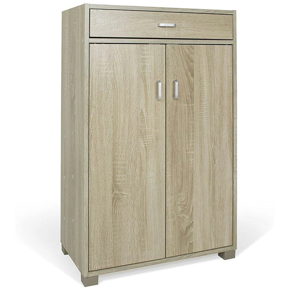 Mobile Multiuso in Legno 2 Ante 1 Cassetto 4 Ripiani Porta Scarpe 63x33H95cm Quercia