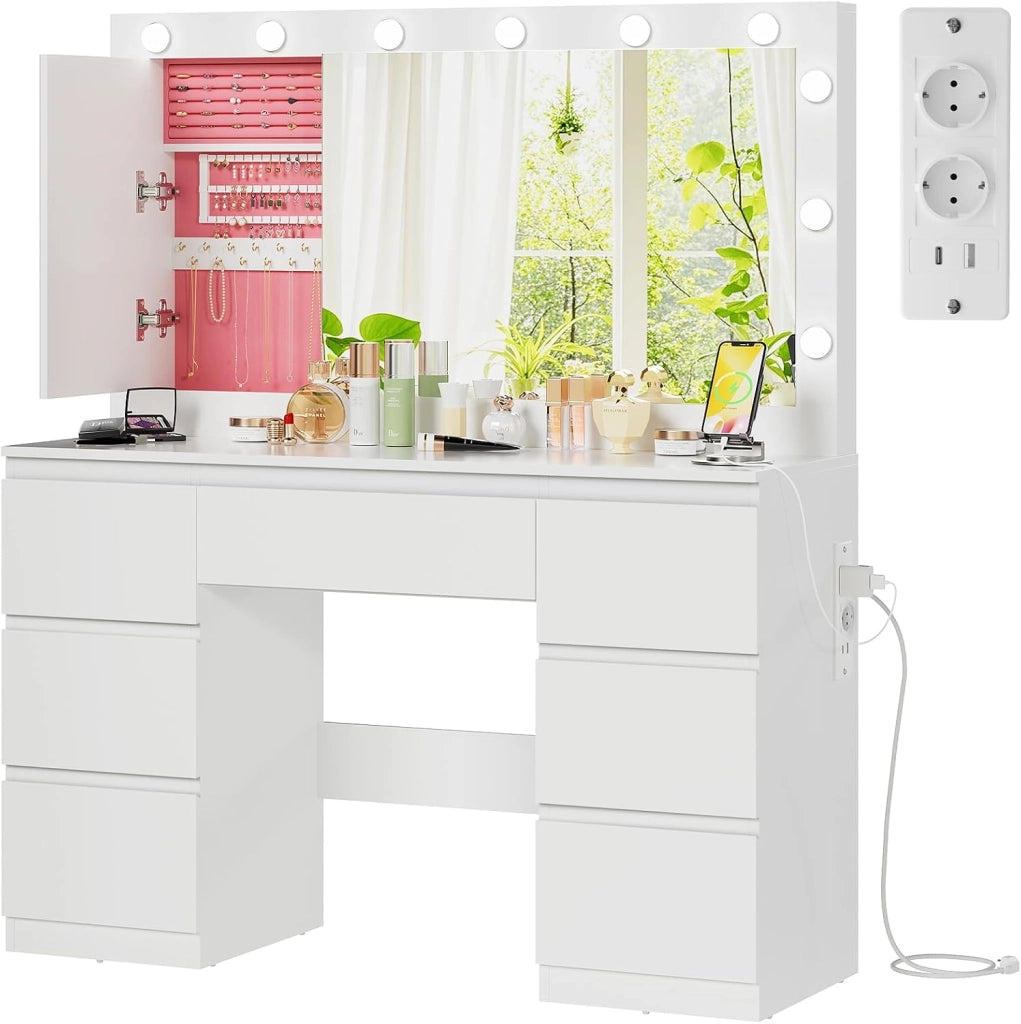 Toeletta da Trucco con Luci e Prese, Luminosità Regolabile,Postazione Trucco,Tavolo da Trucco con Specchio Grande,7 Cassetti,Moderno, Bianco
