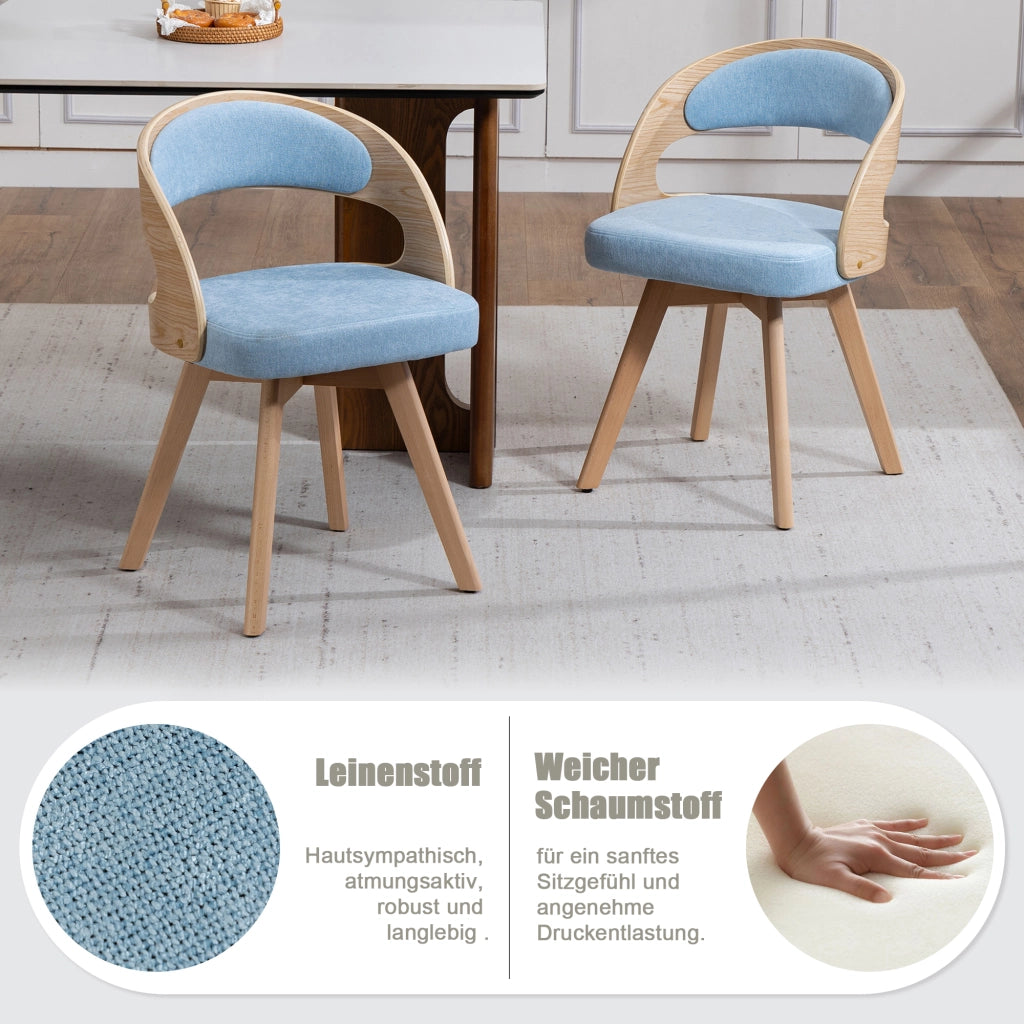Sedia da pranzo girevole 360°, con cuscino imbottito, gambe in faggio, in lino blu