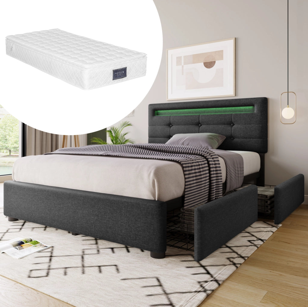 Letto singolo imbottito 90x200 cm grigio con LED, cassetti e materasso