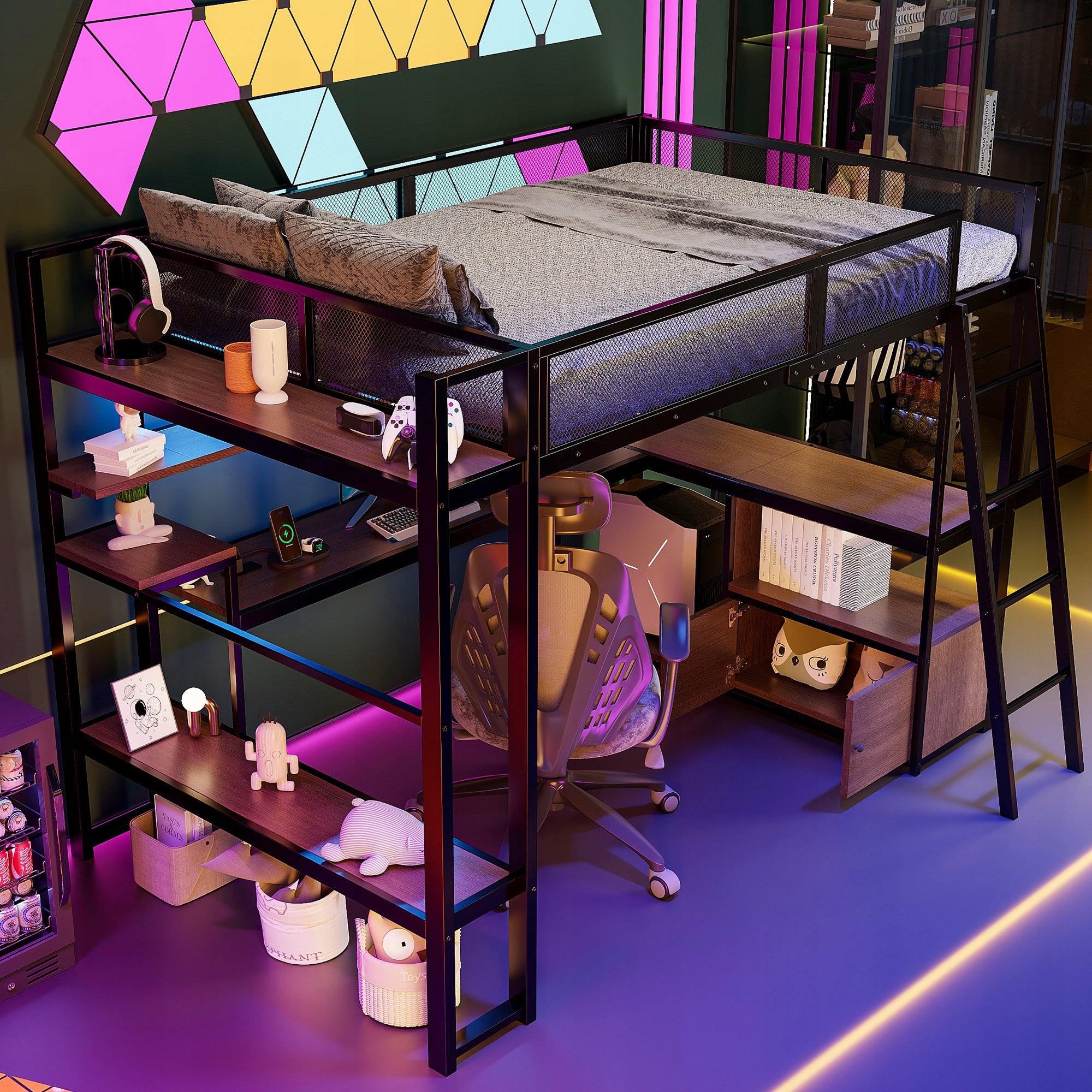 Letto da gaming con scrivania e LED - Xylo - 140x200 cm - Nero