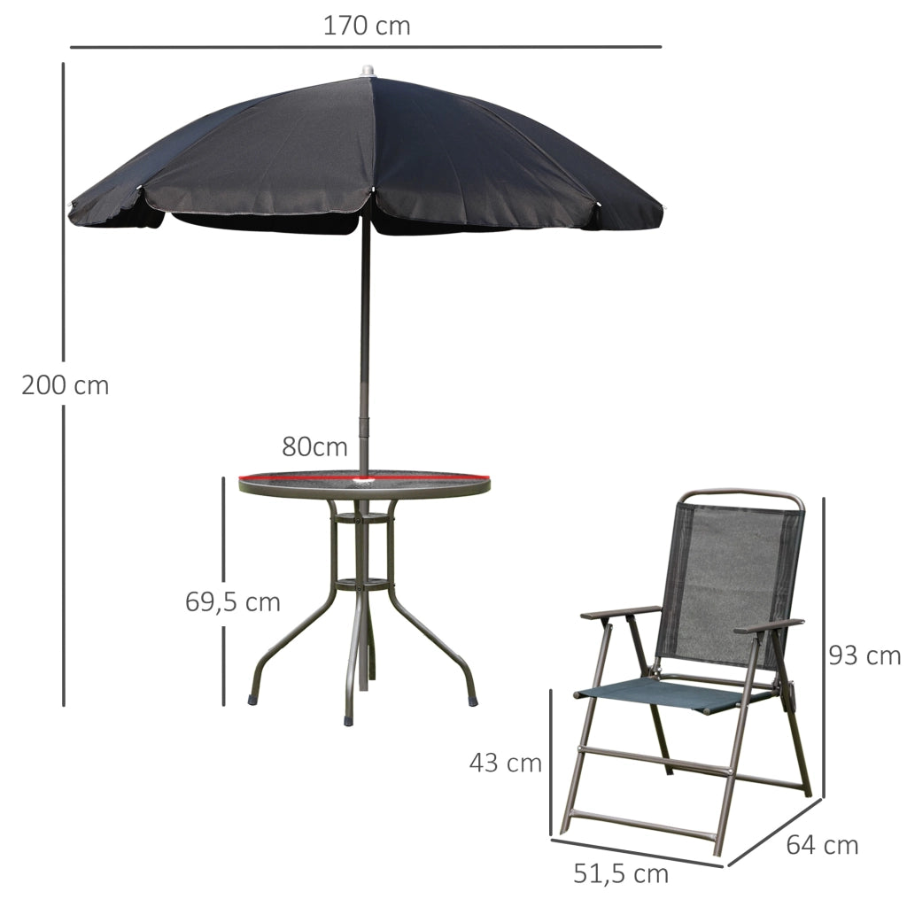 Set giardino 6 pezzi con tavolo rotondo, 4 sedie pieghevoli e ombrellone ¨C zephmum ¨C nero, metallo, tessuto