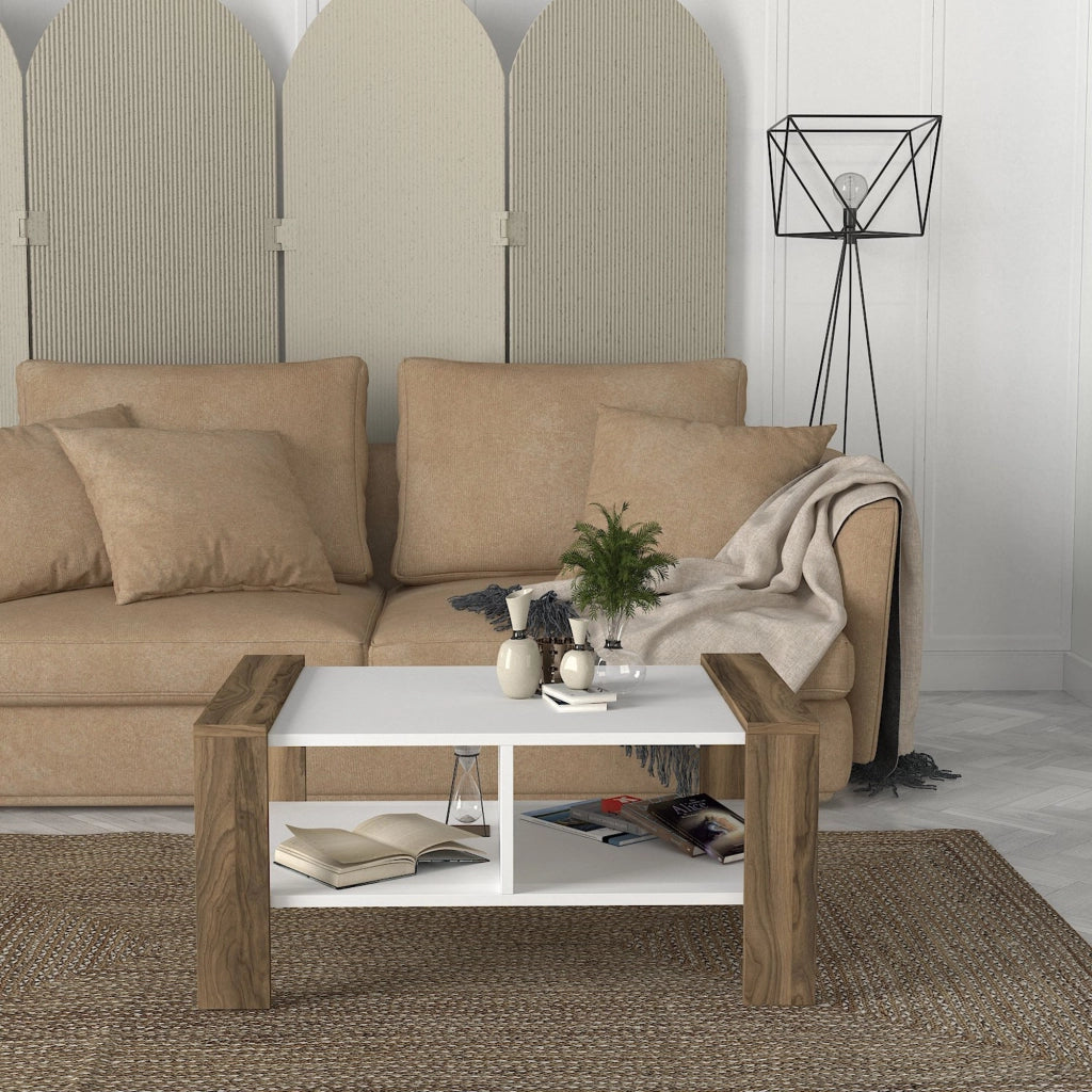 Tavolino in legno "Erica" - 90 x 60 x 42 cm - Bianco, Noce