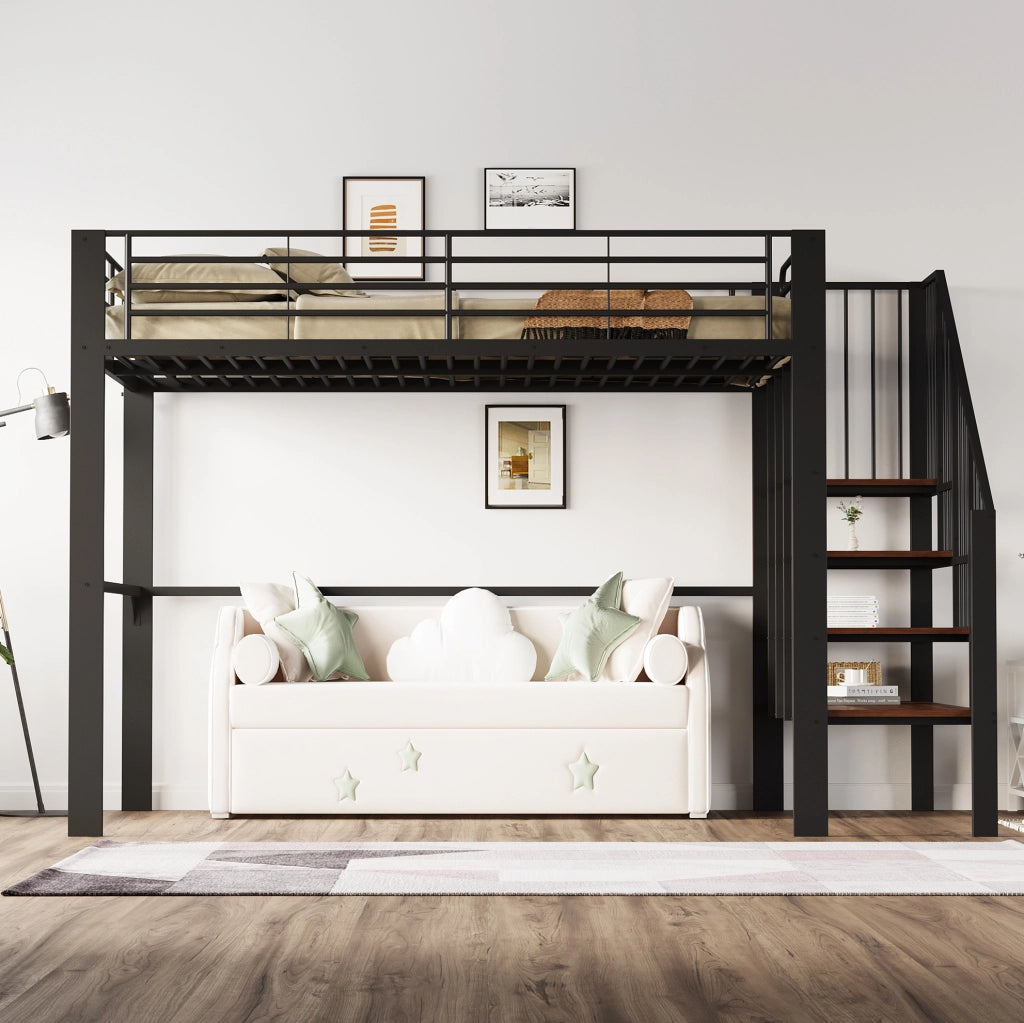 Letto a soppalco 140x200 cm con scala e spazio contenitore; metallo e legno; nero