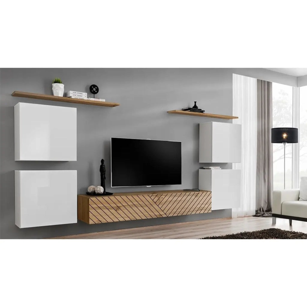 Set di mobili da soggiorno design SWITCH IV. Colori bianco e rovere. Finiture in rovere fresato e bianco lucido.