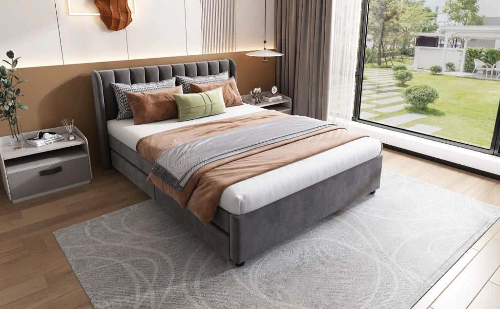 Letto imbottito 140x200 cm in velluto grigio con testiera, rete a doghe e 2 cassetti