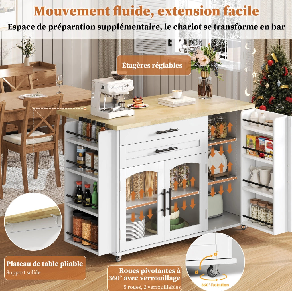 Isola da cucina mobile in MDF naturale e bianco con piano ribaltabile; 120 x 45/70 x 90 cm