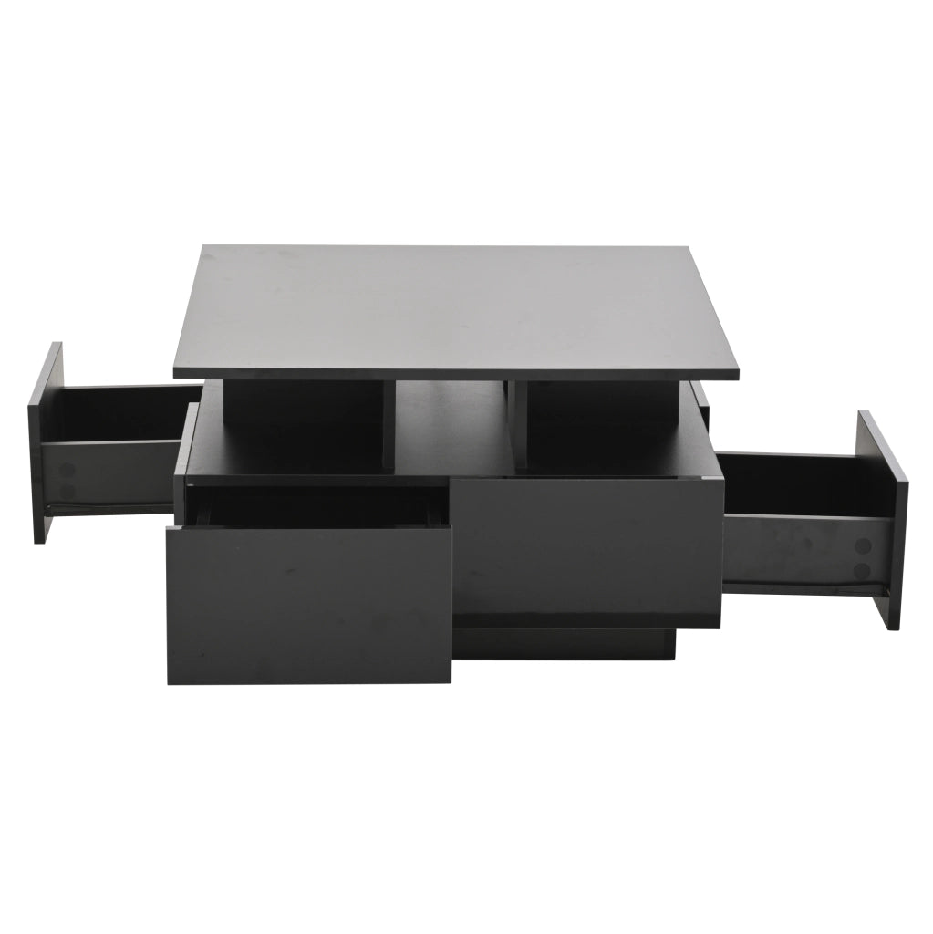 Tavolino da caffè 70x70x40 cm con 4 cassetti; luce LED; finitura lucida; truciolare; nero
