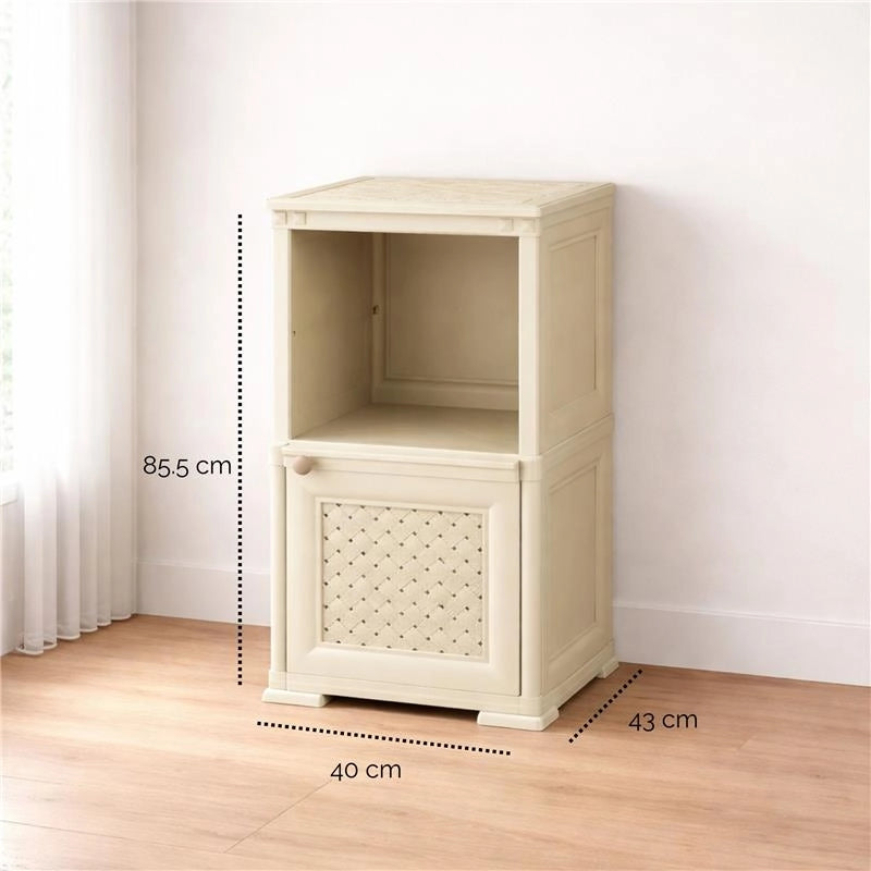 COMÒ COMODINO 2 MODULI ANGORA 40X43X85,5 CM CON ANTA TRAFORATA E VANO A GIORNO – MOBILE CONTENITORE COMPATTO PER CAMERA DA LETTO
