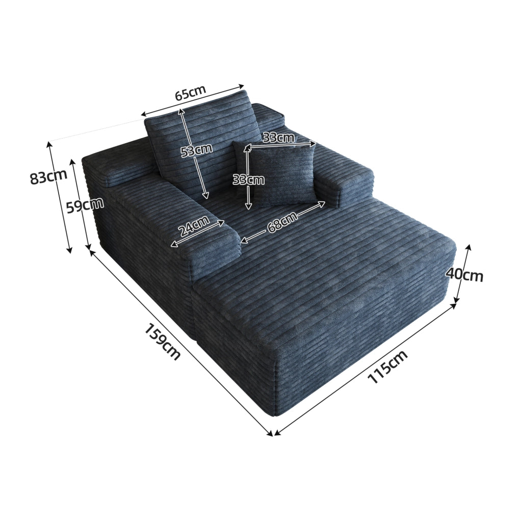 Divano con chaise longue in velluto a coste blu; schiuma ad alta elasticità