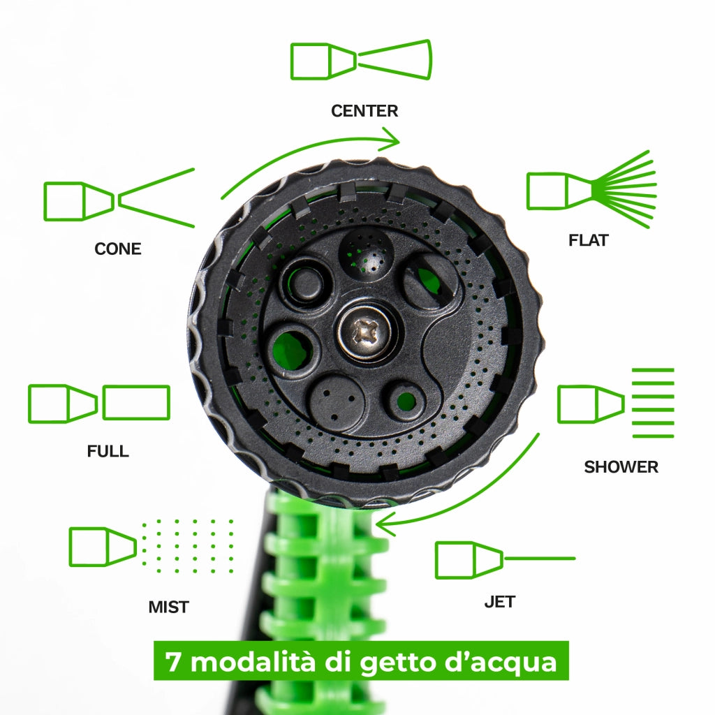 Tubo Irrigazione con Supporto Avvolgitubo e Pistola Multifunzione 10 m / 15 m Kit Irrigazione Compatto da Giardino con Raccordi 15 Metri