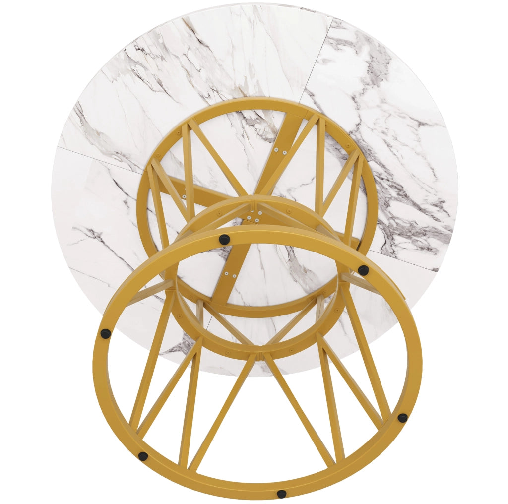 Tavolo da pranzo rotondo 100x100x76 cm con piedini regolabili; piano in MDF effetto marmo oro