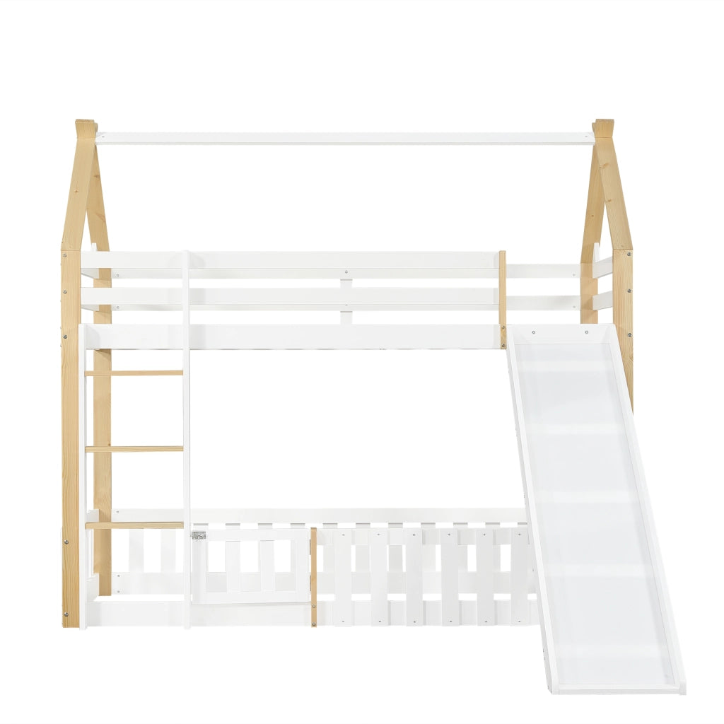 Letto a Soppalco 90x200 cm - con Scivolo e Scala - in Legno e MDF - Bianco e Naturale