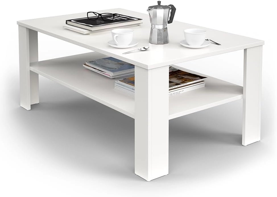 Tavolino da salotto, Bianco, 100 x 60 cm, con vano aperto per la conservazione di riviste