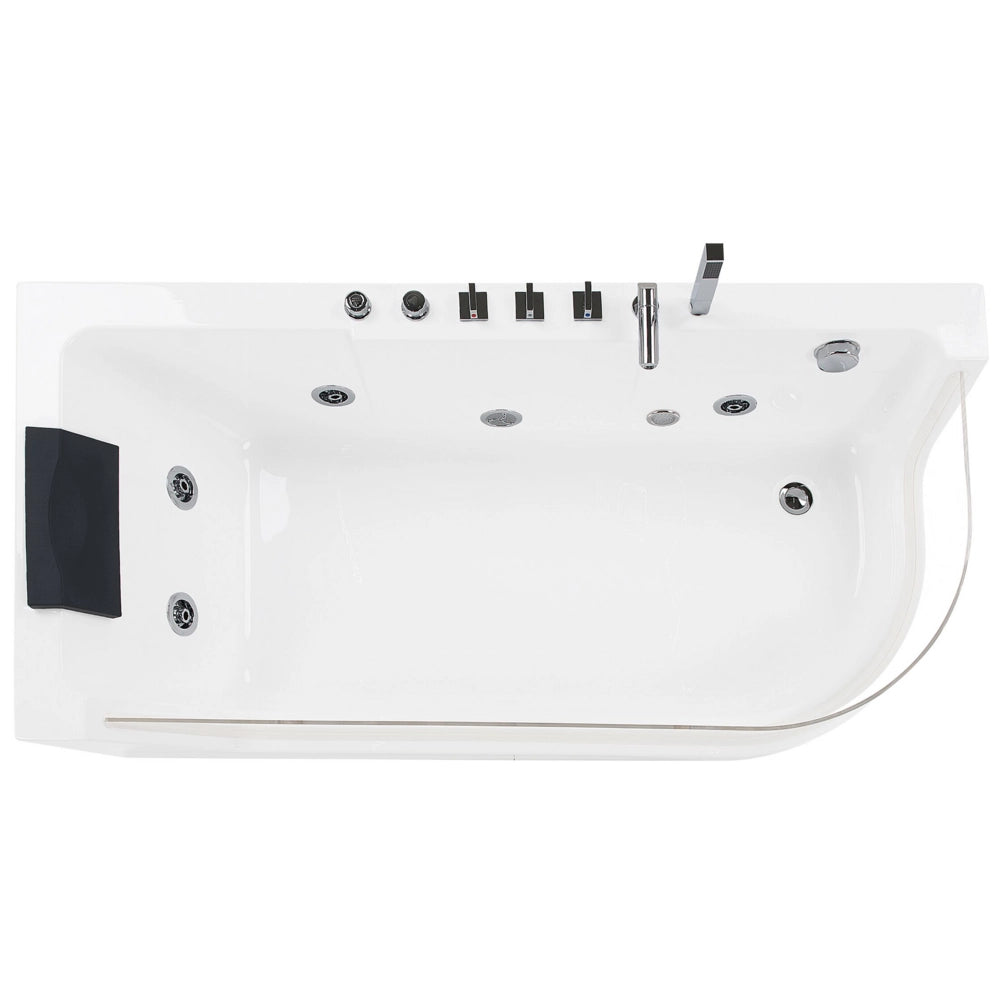 Vasca Idromassaggio Bianco Sanitario Vetro Acrilico Frontale Ecopelle Poggiatesta Illuminazione LED Singola 170 x 85 cm Design Curvo