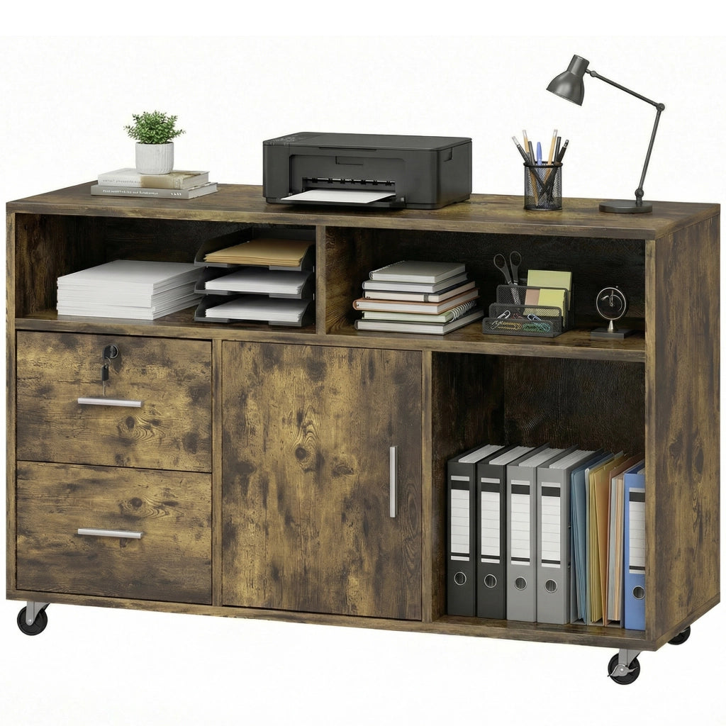 Mobile Porta Stampante a Rotelle con 2 Cassetti, 3 Ripiani e 2 Armadietti, in Legno, 100x35x65 cm, Marrone