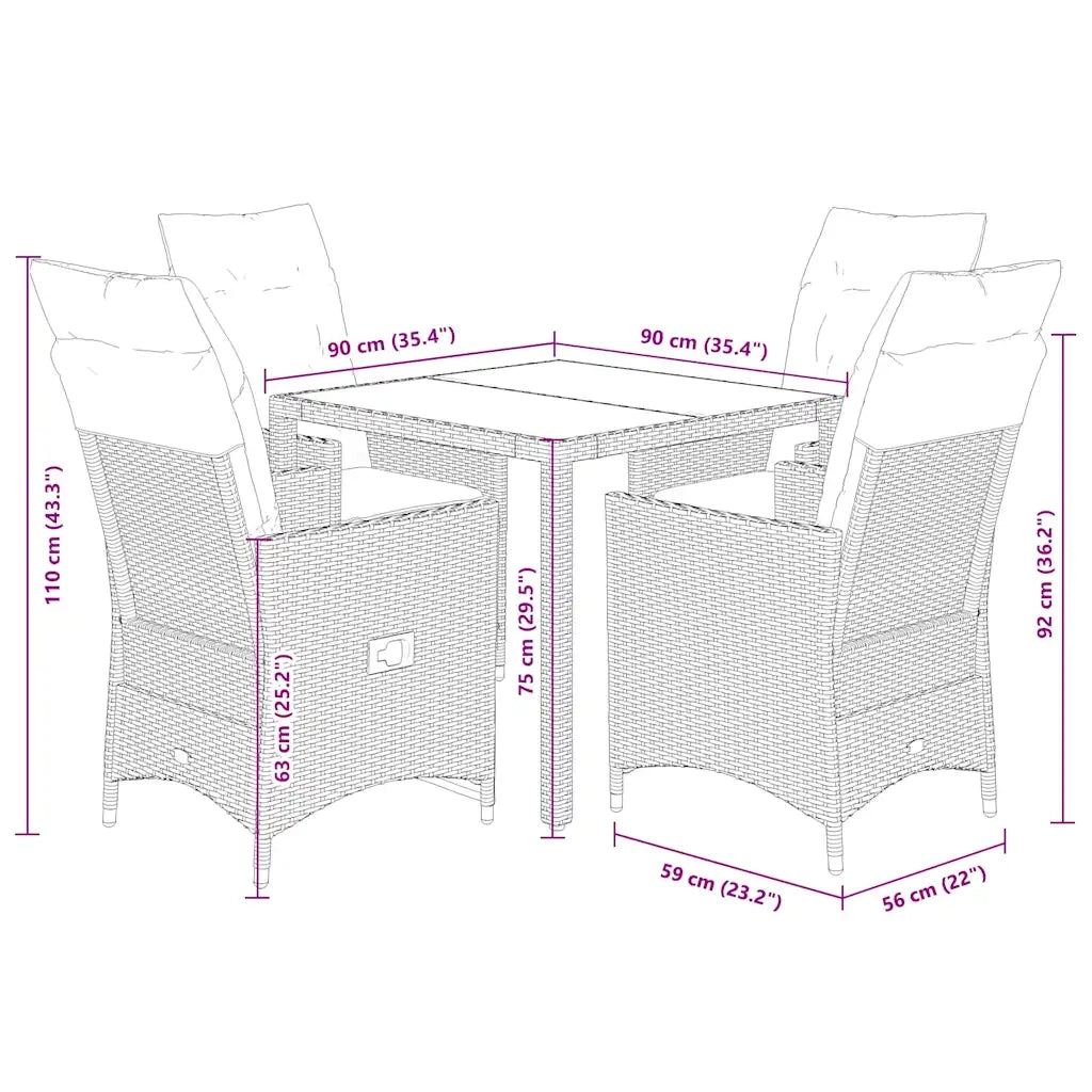 Set da Pranzo da Giardino 5pz con Cuscini in Polyrattan Marrone