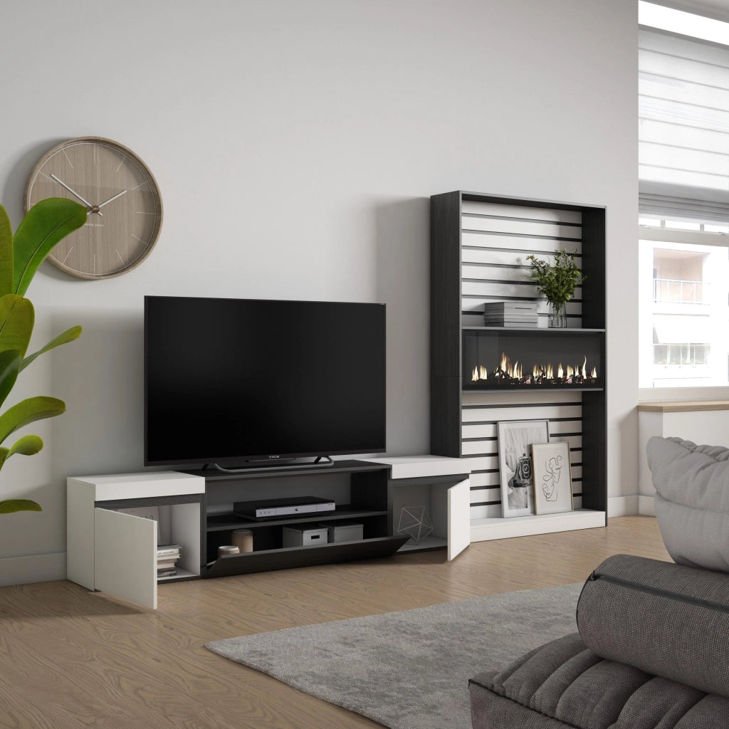 Mobile TV, Soggiorno, 310x35x186cm, Per TV fino a 80", Camino elettrico, Bianco e nero RF2845