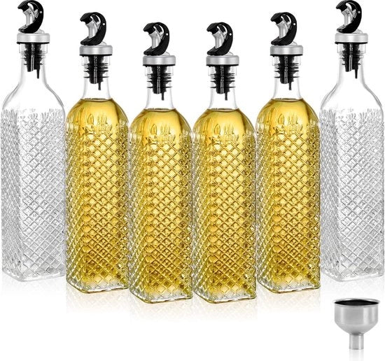 Set di 6 dispenser di olio d'oliva in vetro 500 ml, trasparenti e liberi da residui di aceto, con coperchio automatico a flip-top e contenitore per olio da cucina con imbuto.