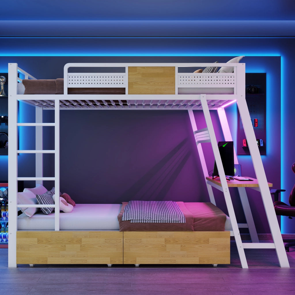 Letto a soppalco 90 × 200 cm con scrivania, prese USB e Type-C, LED e contenitori, senza materasso, metallo bianco