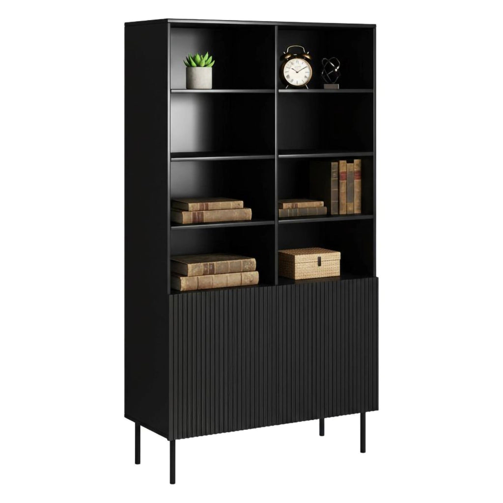 Libreria Ghilarza, Mobile portalibri con vani aperti e due ante, Rialzato da terra, 100x42 h177 cm, Nero