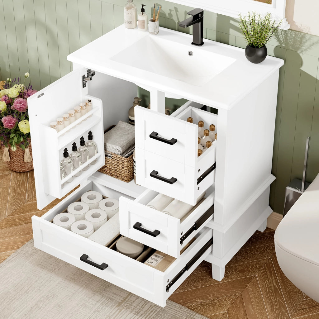 Mobile sottolavabo con lavabo in ceramica, 3 cassetti e ripiano interno, per bagno, bianco, 76 × 46 × 83,5 cm