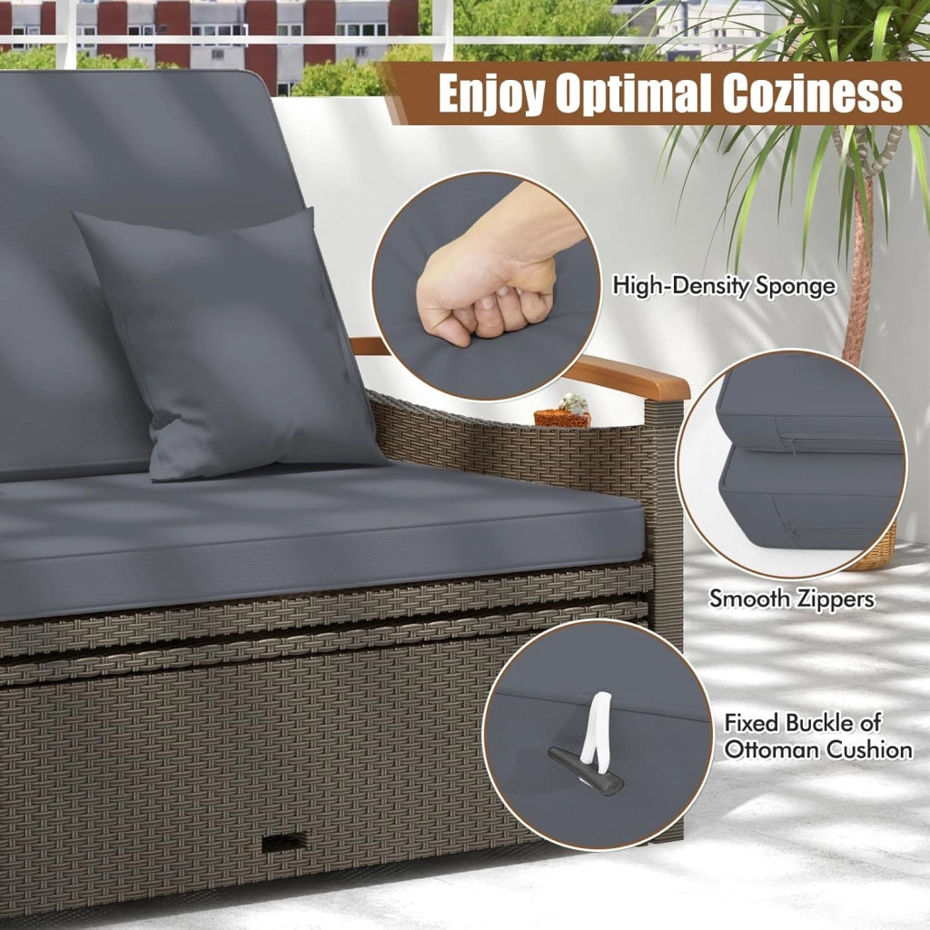 Divano da Giardino in Rattan a 2 Posti con Funzione Allungata, Set di Mobili in Rattan con Sgabello, Doppia Sedia a Sdraio per 2 Persone, 3 Colori (Cuscino Grigio)