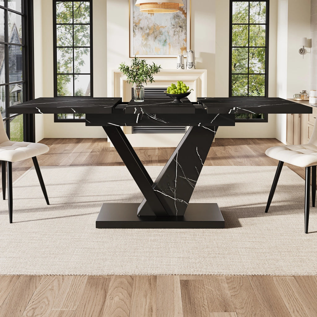 Tavolo da pranzo allungabile in MDF effetto marmo nero, con struttura in metallo, per cucina e soggiorno, 120 × 75 × 75,5 cm