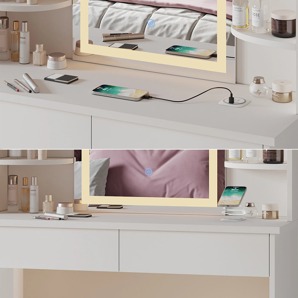 Vicco Tavolo da toeletta Bianco 106 cm con specchio a LED e stazione di ricarica QI