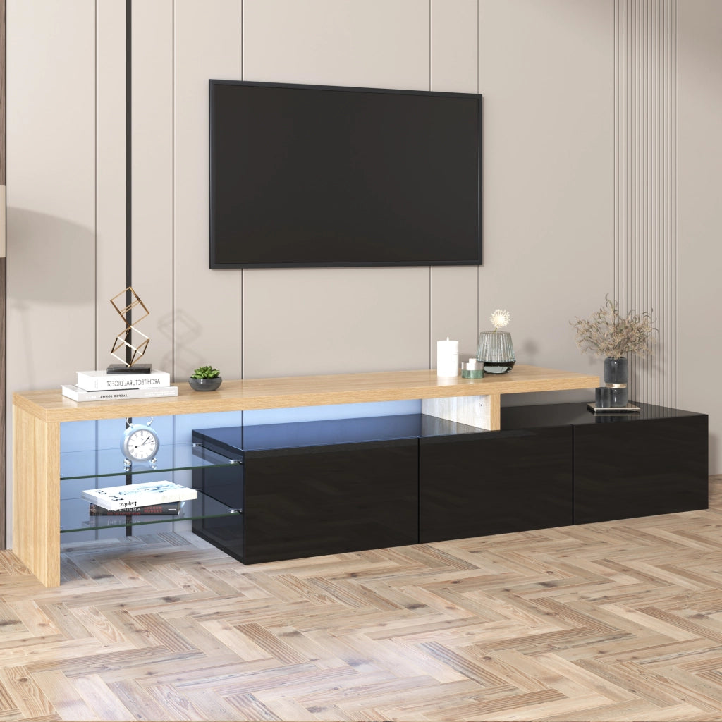 Mobile porta televisore moderno nero lucido e legno con 3 vani, ripiani in vetro e illuminazione