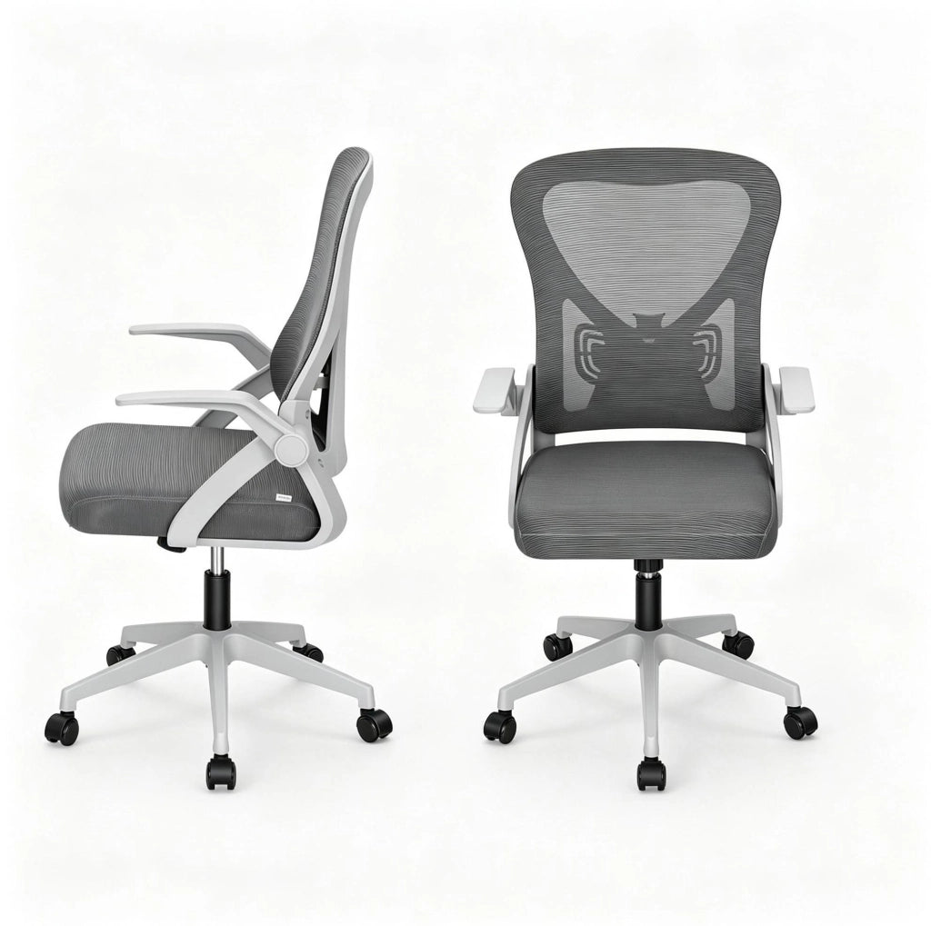 Sedia da ufficio ergonomica grigia con braccioli pieghevoli